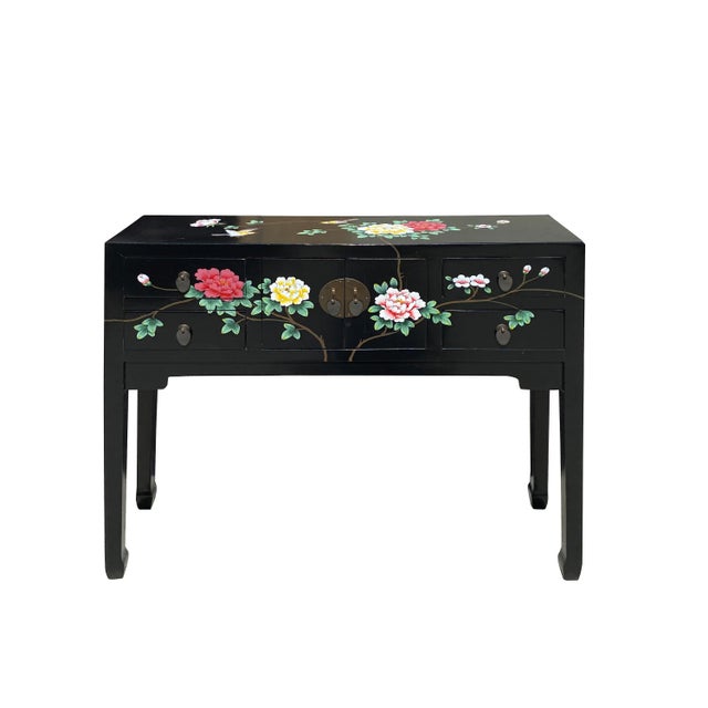 Black Lacquer Flower Graphic 4 Drawers Slim Narrow Foyer Side Table For Sale - Image 4 of 6