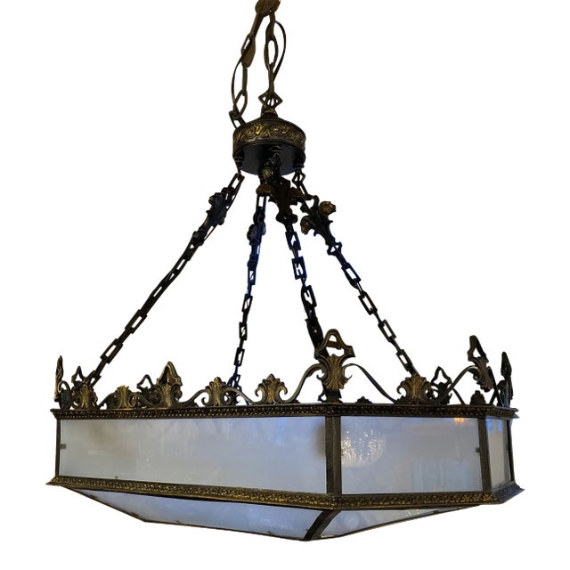 Vintage 1920s Brass and Frosted Glass Hanging Fixture Attributed to Caldwell For Sale