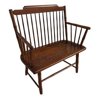 Antique Pine Spindle Back Windsor Style Bench With Arms For Sale