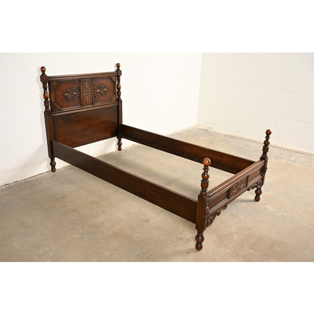 Berkey & Gay Berkey & Gay Style Antique English Jacobean Carved Walnut and Burl Wood Twin Size Bed, Circa 1920s For Sale - Image 4 of 13