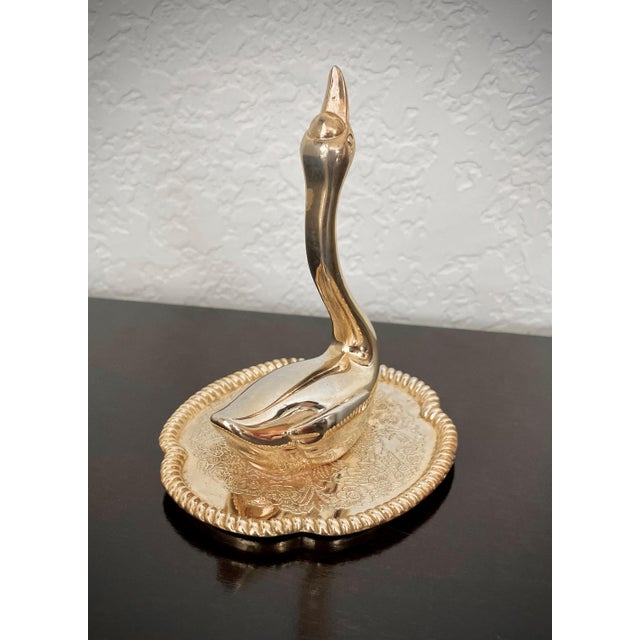 Diminutive Mid 20th-Century Brass Swan on a Dish Ring Holder, Hong Kong For Sale - Image 11 of 17