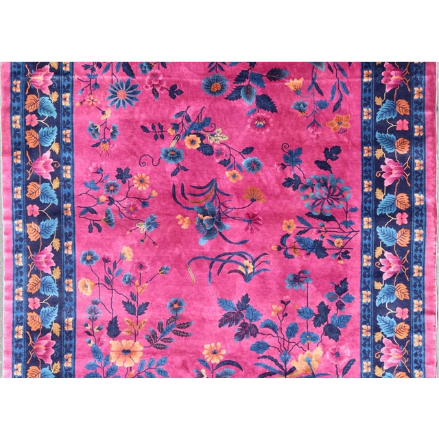 Magenta Background Chinese Art Deco Rug with Large Vining Flowers and Leaves. Keivan Woven Arts / rug X23-0802, country of...