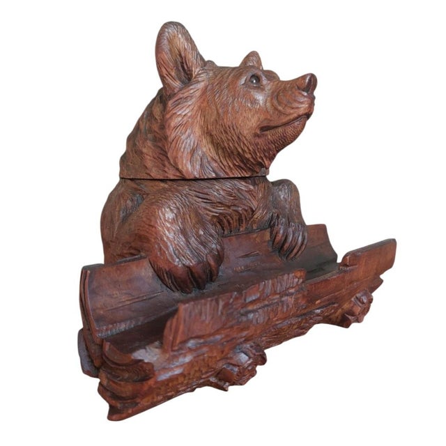 Brown Antique Carved Wooden Inkwell with Glass Insert by Bear Brienz, 1880s-1910s For Sale - Image 8 of 16