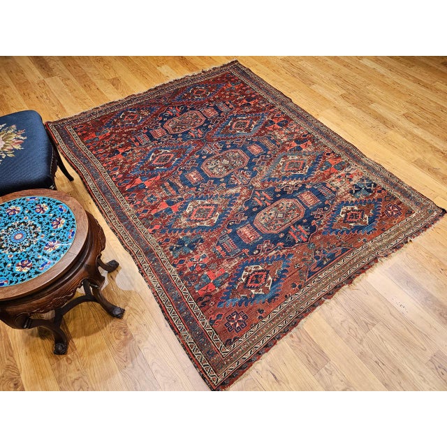 Textile Late 19th Century Caucasian Soumak Rug, Handwoven Allover Geometric, Red & Blue, 5' x 7' For Sale - Image 7 of 17