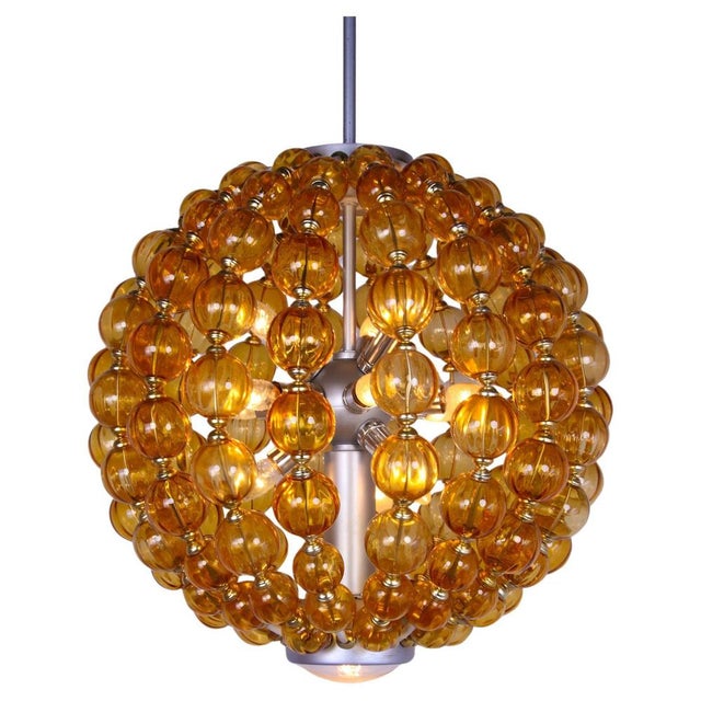 Spectacular huge 13 lights ballroom chandelier by veb leuchtenbau leipzig, germany with hand blown amber glass balls on a...