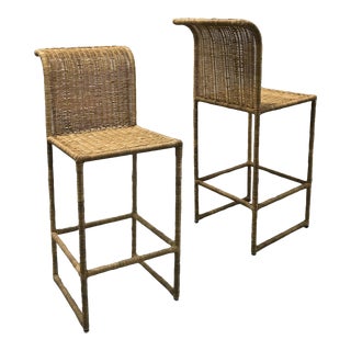 Mid-Century Modern Rattan Bar Stools - a Pair For Sale