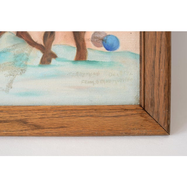 Wood Vintage Mid Century Bubble Bath Boy Surrealist Art Painting For Sale - Image 7 of 10