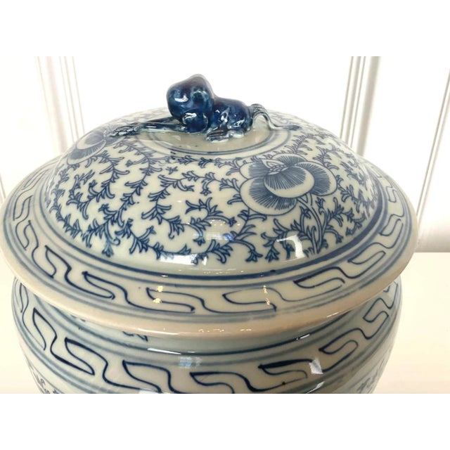 Mid 20th Century Pair of Mid 20th Century Blue & White Porcelain Chinese Rice Pots For Sale - Image 5 of 8