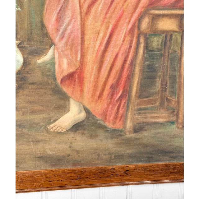 Antique Realism "Women in Pink Dress W/ Forest Doves" Oil on Canvas Painting For Sale - Image 13 of 16