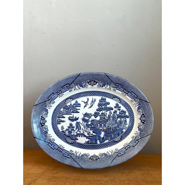 Chinoiserie Vintage Chinese Blue Willow Ceramic Platter For Sale - Image 3 of 12