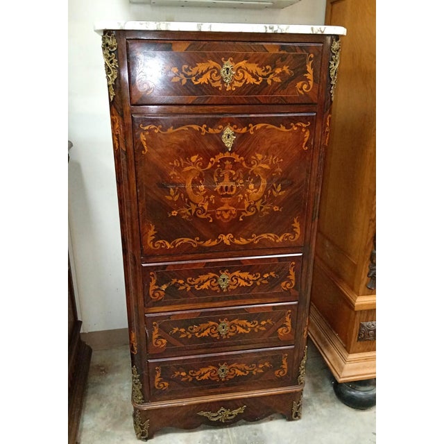 Louis XV Style Drop-Front Secretary in Marquetry Wood with Veined White Marble Top For Sale - Image 3 of 7