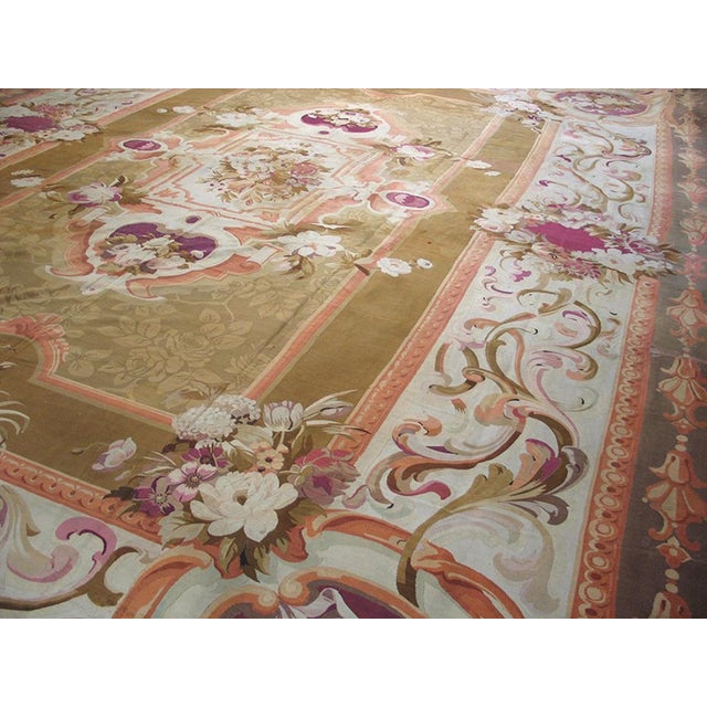 1870s Green White Medallion Antique French Aubusson Rug 15'6" X 22' Handmade Wool Carpet For Sale - Image 4 of 6