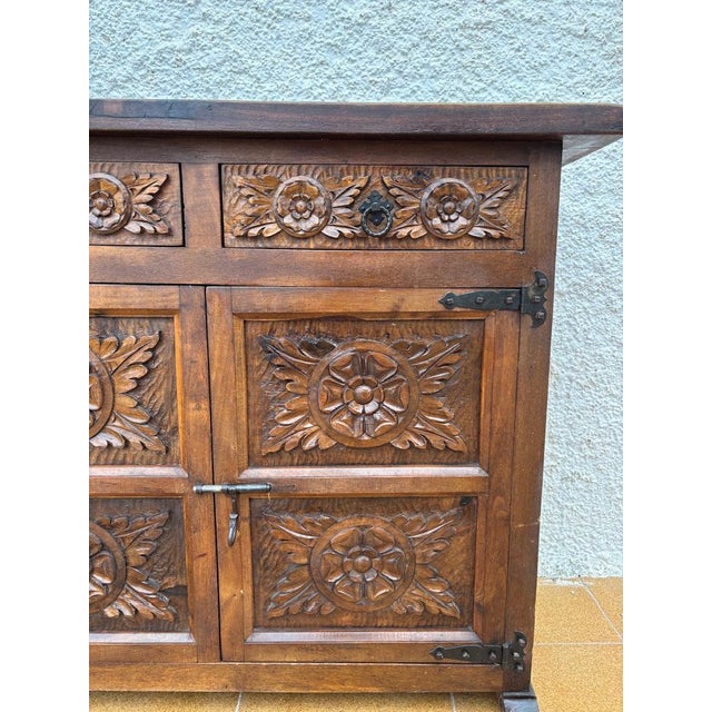 Spanish Rustic Castilian Carved Wood Cabinet, 1930s For Sale - Image 15 of 18