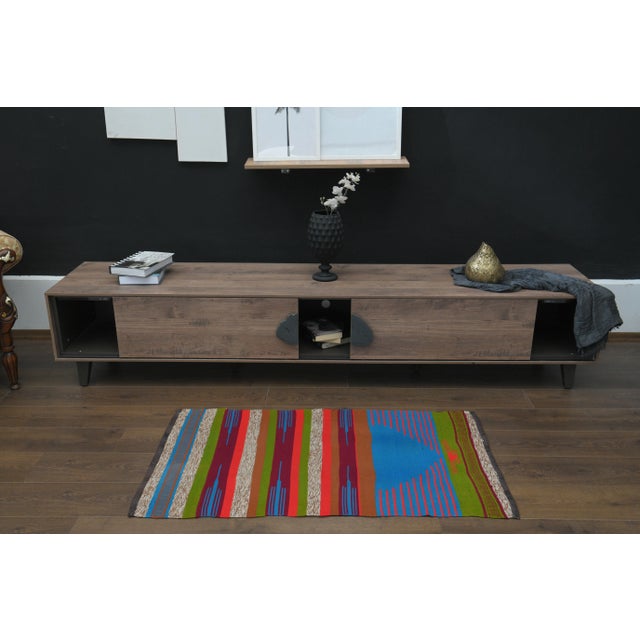 1970s Vintage Turkish Oushak Handmade Wool Cotton Blue Runner Rug For Sale - Image 4 of 11