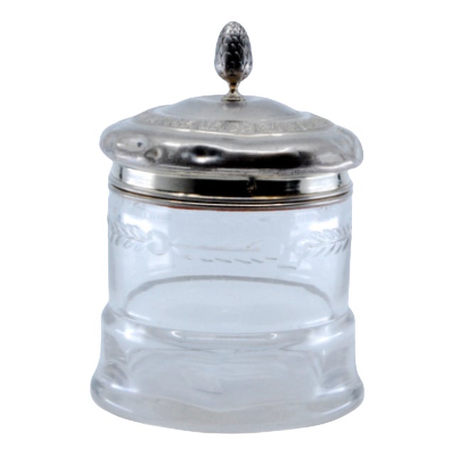 Glass Bottle with Embossed Silver Lid and Pine Cone-Shaped Handle For Sale