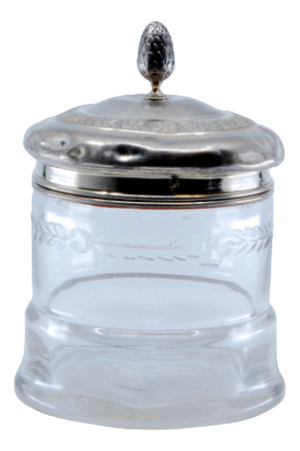 Glass Bottle with Embossed Silver Lid and Pine Cone-Shaped Handle
