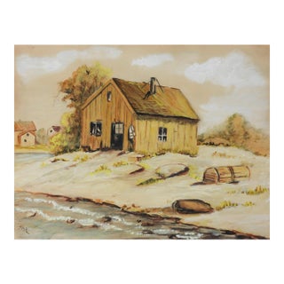Early 20th Century Coastal Cabin With Lobster Traps Watercolor Painting For Sale