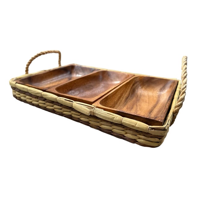 Vintage Mid-Century Teak & Woven Basket Serving Tray | 3-Section Divided Tray For Sale - Image 4 of 6