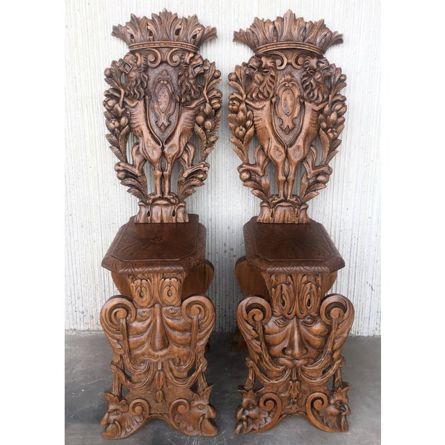 18th Century Italian Renaissance Lion Carved Walnut Sgabello Hall Chairs - a Pair For Sale - Image 4 of 9