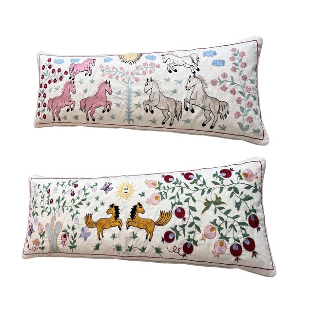 Mid-Century Modern White Horse Suzani Lumbar Pillow Cover 18'' X 53'' - Set of Two For Sale - Image 3 of 4