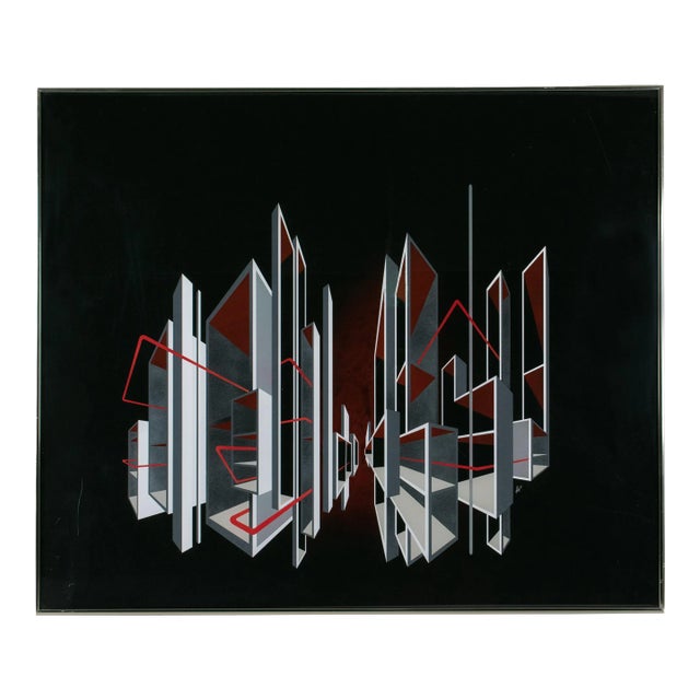 Cityscape Kinetic Optical Op Art Painting on Plexiglass by l.l. Long For Sale