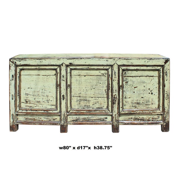 Chinese Distressed Cream Lemon Yellow High Credenza Console Buffet