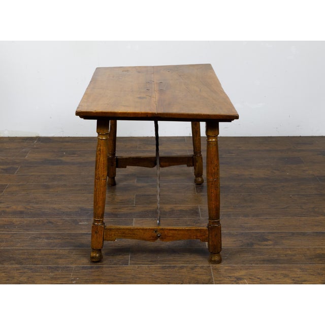 Brown Italian 19th Century Walnut Console Table with Column Legs and Iron Stretchers For Sale - Image 8 of 12