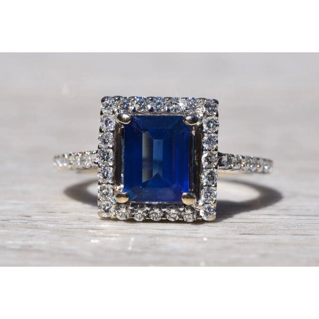 The Bell Mountain: Diffused Emerald Cut Blue Sapphire Engagement Ring and Wedding Set with Custom Band For Sale - Image 4 of 11