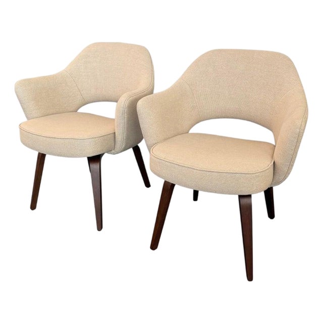1960s Pair of Eero Saarinen for Knoll Wood Executive Armchairs in Cream Tweed For Sale