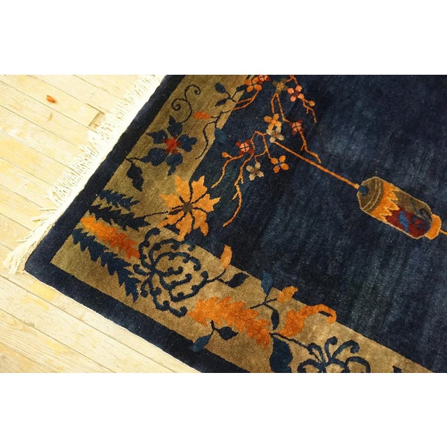 1920s Blue Navy Vase Floral Antique Chinese Art Deco Carpet 5' X 7'7" Knotted Wool Rug For Sale - Image 9 of 13