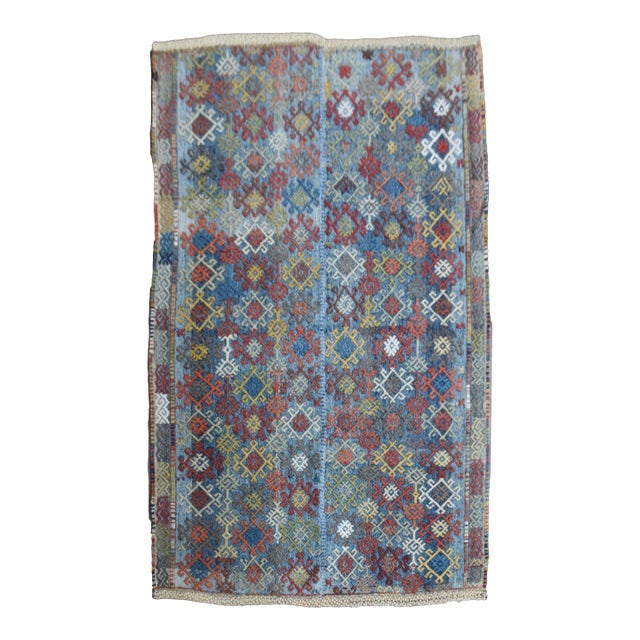 1970s Vintage Handmade Wool Cotton Blue Area Rug For Sale