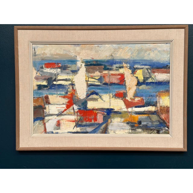 Original Scandinavian Oil on Canvas – “Abstract Harbour Motif” by Unknown Artist – Signed – Vintage & Framed – 73 × 53 cm...