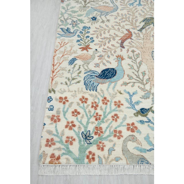 8x10Ft. Off White Blue Peacock Wool Rug, Hand Knotted Birds Garden For Sale - Image 4 of 4