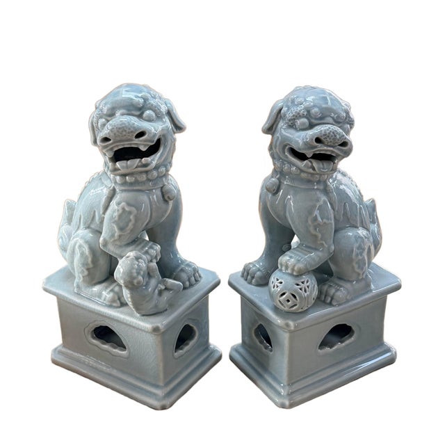 Chinoiserie Pair of Ceramic Celadon Glaze Foo Dogs For Sale - Image 3 of 12