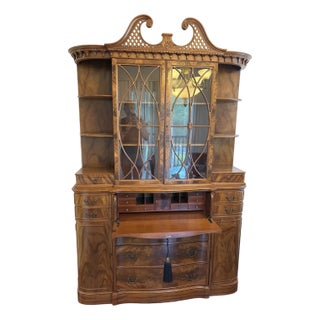 1920s Antique Mahogany Secretary Chippendale Style Bookcase For Sale