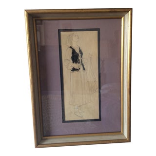 1930s "Peasant Woman" Figurative Pen & Ink Drawing, Framed For Sale