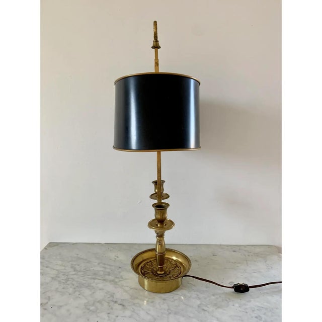 Brass Mid 20th Century French Provincial Brass Double Dolphin Bouillotte Lamp With Black Tole Shade For Sale - Image 8 of 12