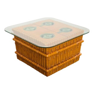Ceramic Faux Bamboo Planter Glass Top Cocktail Table For Sale