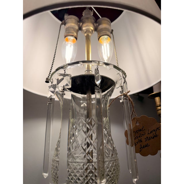 Glass Pair of Antique Crystal Table Lamps With Prisms and Marble Base For Sale - Image 7 of 8