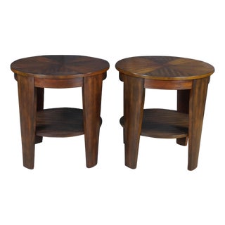 Late 20th Century 2 Hammary Acacia Round Modern Tiered End Tables Nightstands Sunburst Top Pair For Sale