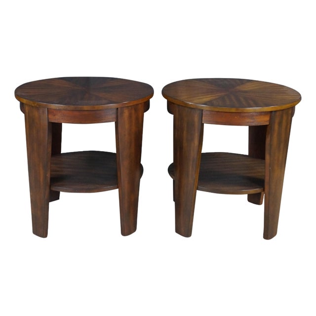 Late 20th Century 2 Hammary Acacia Round Modern Tiered End Tables Nightstands Sunburst Top Pair For Sale