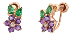 House of Igor Carl Fabergé Yellow Gold Amethyst Emerald Diamond Floral Earrings, A Pair