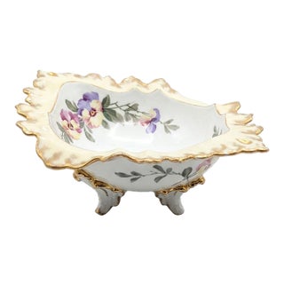 Vintage Hand-Painted Hollywood Regency Porcelain Centerpiece Bowl With Gilt Trim & Floral Motif For Sale