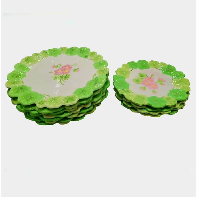 Vintage Portuguese Majolica Geranium Palm Beach Style Dinner Plates Green Leaf & Pink Floral Cabbage Ware Set- 10 For Sale - Image 13 of 16