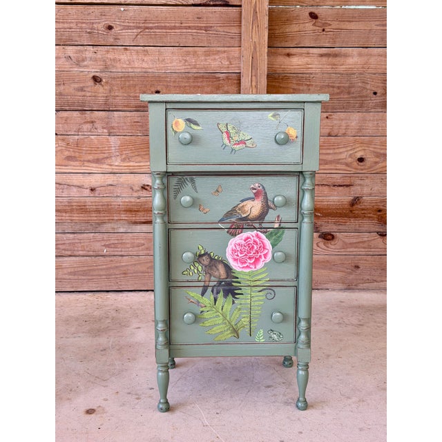 Wood Custom Painted Tropical Decoupage Appliqué Four Drawer Chest For Sale - Image 7 of 12