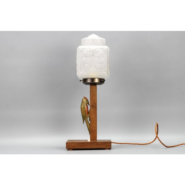 Art Deco Wooden and Frosted Glass Table Lamp with a Woodpecker, 1930s For Sale - Image 3 of 18