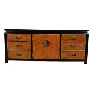 Raymond Sobota for Century Furniture Hollywood Regency Chinoiserie Burl Wood and Black Lacquered Triple Dresser or Credenza, 1970s For Sale