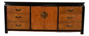 Raymond Sobota for Century Furniture Hollywood Regency Chinoiserie Burl Wood and Black Lacquered Triple Dresser or Credenza, 1970s