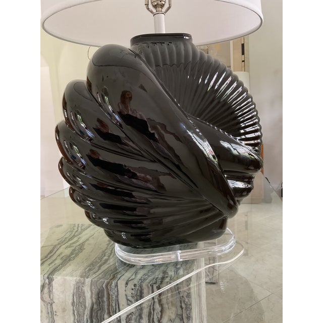 1980s Art Deco Revival, Van Teal Table Lamp, Black Ceramic Glase, Lucite Base. Euc. For Sale - Image 15 of 17