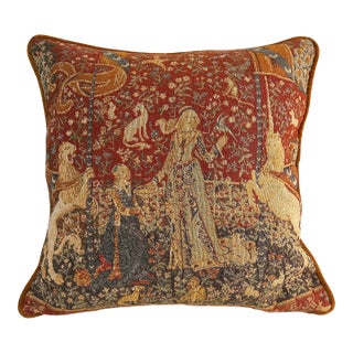 Vintage English Lady and the Unicorn Medieval Tapestry 19.5” Pillow With Gold Velvet Back With Down Insert For Sale